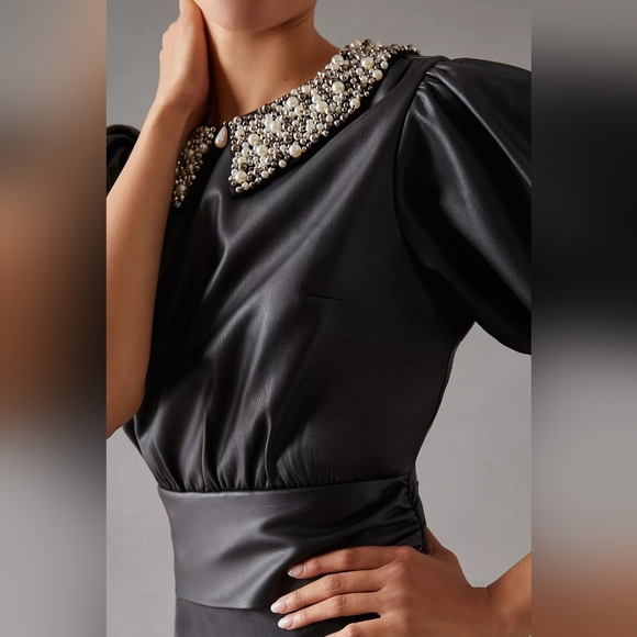 Anthropologie Maeve Faux Leather Puff-Sleeve Blouse - Picture 3 of 10